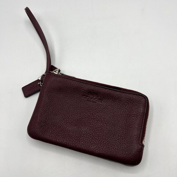 Coach Wine Pebbled Leather Double Zipper Wristlet Wallet F1680 - Picture 1 of 8
